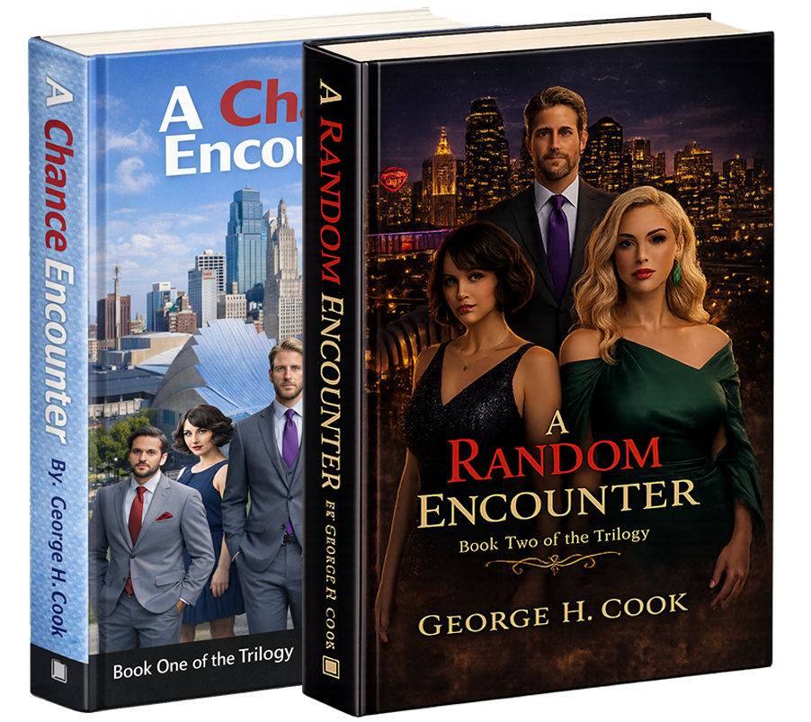 Two book covers side by side for A Chance Encounter and A Random Encounter by George H Cook showing city skylines and three characters dressed for an evening event