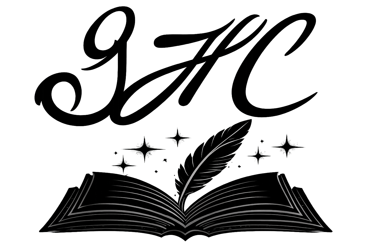 GHCOOK Writer logo featuring stylized book with feather quill and sparkles, representing The Encounter Trilogy